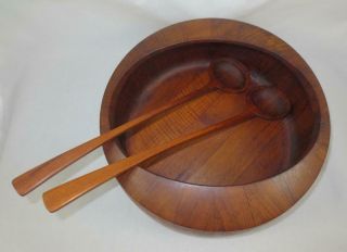 Mid Century Dansk Jhq Staved Teak Large Salad Bowl W/ Serving Spoons Early Mark