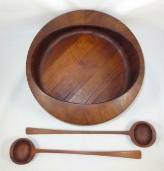 Mid Century DANSK JHQ Staved Teak LARGE SALAD BOWL w/ SERVING SPOONS Early Mark 2