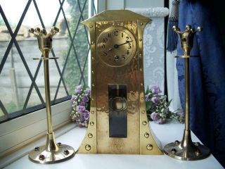 Antique Arts & Crafts Hammered Brass Mantle Clock And Candlesticks C1900