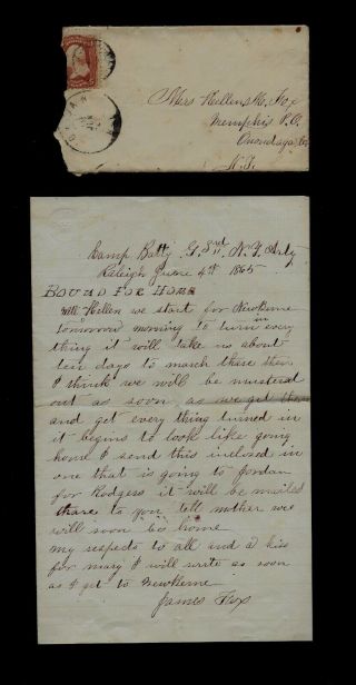 3rd York Artillery Civil War Letter - Leaving North Carolina Bound For Home