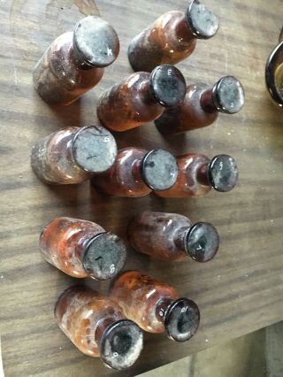 11 Vintage / Antique Amber Apothecary Bottles With Glass Stoppers