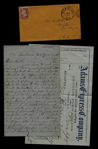 3rd York Artillery Civil War Letter From Newbern,  Nc & Adams Express Receipt