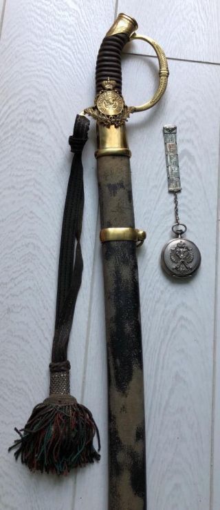 WWI Imperial Russian Officer ' s award set:a Silver Omega Watch&St.  Anna Sword 3