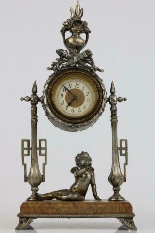 Pretty Antique French Mantel Clock Silver And Marble Boudoir Timepiece Restore