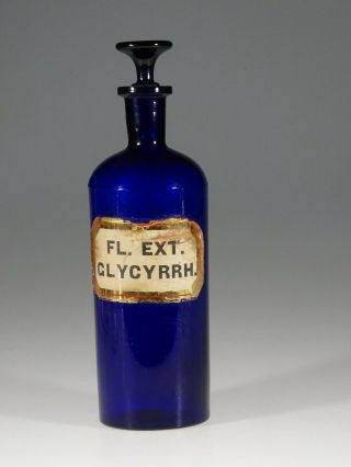 Victorian Cobalt Glass Apothecary Jar Fl.  Ext.  Glycerrh Label Under Glass C.  1890