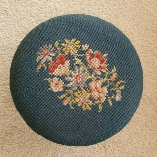 Antique Hand Made Tapestry Needlepoint Footrest Stool Ottoman Round Primitive