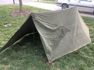 Vintage US Army Military Pup Tent Full Set: 2 Halves,  Poles,  Ropes & Stakes 2