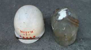 Two Old Ww2 Era Us M1 Helmet Liners With Soldier Graffiti & Unit Markings
