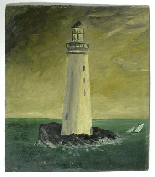 1800s Antique England Lighthouse Folk Art Oil Painting Nautical Maritime
