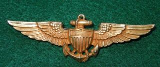 Wwii Us Navy Aviator Pilot Wings 2 3/4 " Full Sized H&h 10k Gold On Sterling Pin