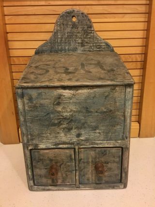 Primitive Wood Salt Box Hinged Lid With Two Slide Drawers - Hang Or Counter Top