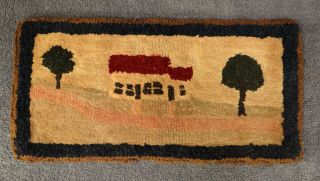 Antique Primitive Hand Made Hooked Rug Old House With Trees 1800s