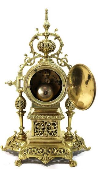 Antique French Mantle Clock 1880s Pierced Embossed Bronze Bell Striking 12