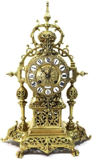 Antique French Mantle Clock 1880s Pierced Embossed Bronze Bell Striking