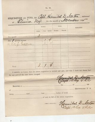 1865 Civil War Document,  Capt Norton Requisition For Fuel