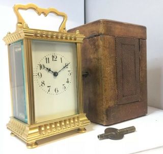 Antique French 8 Day Brass & Glass Timepiece Carriage Clock In Carry Travel Case