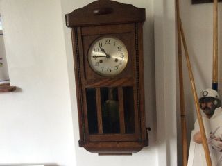 Retro Oak Wall Clock Fully C1920s22 Inches Bevelled Glass,  Key,  Chimes