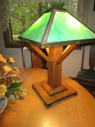 Antique Mission Oak Table Lamp Oak And Green Slag Glass Acorn Pulls 23 " High Sha