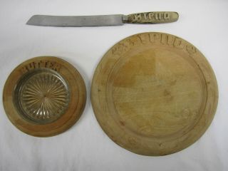 Antique ? Primitive Carved Wooden Round Bread Board,  Bread Knife & Butter Dish