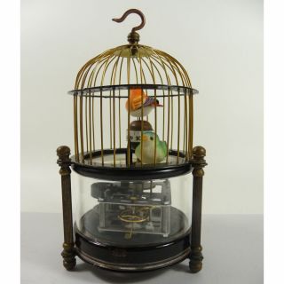 Old China Handwork Glass Copper Bird Cage Shape Mechanical Desktop Clock