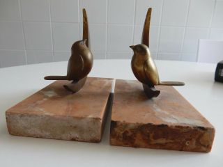 Art Deco Brass Birds Sculpture Bookends Both Lacking Vertical Marble
