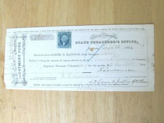 1864 Civil War Pay Receipt Wisconsin Treasurer Hastings Lahey Co E 27 Regiment