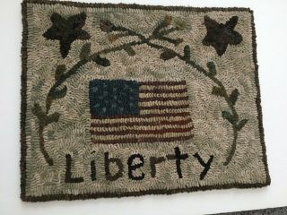 Primitive Handmade Wool Hooked Rug - " Liberty " Flag And Stars / By Kelly Belfast