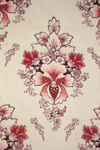 Fabric Antique French Art Nouveau Pattern Cotton W/ White Ground Pinks & Purples