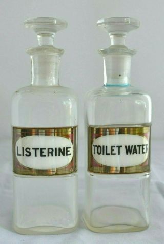 Antique Pair Listerine Toilet Water Glass Label Barber Shop Apothecary Bottles