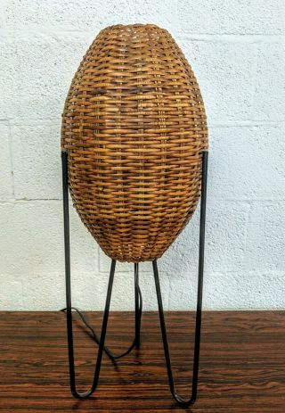 Mid Century Modern Rattan And Iron Hairpin Leg Lamp By Paul Mayen