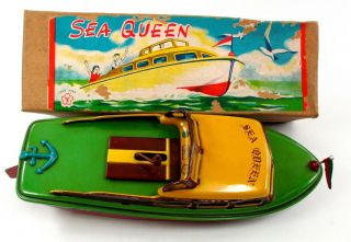 Early Yonezawa Sea Queen No.  53 Tin Litho Crank Friction Speedboat W/box Nr