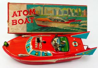 Vintage Sato (japan) Atom Boat Tin Litho Friction Toy Speedboat W/box Nr