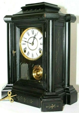 Antique E.  Ingraham & Co.  1885 " Domino " Model Black Enameled Wood Shelf Clock.