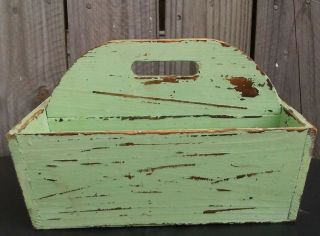 Wooden Primitive Tool Caddy Tray Farmhouse Green Tote Handled Utensil Garden Box