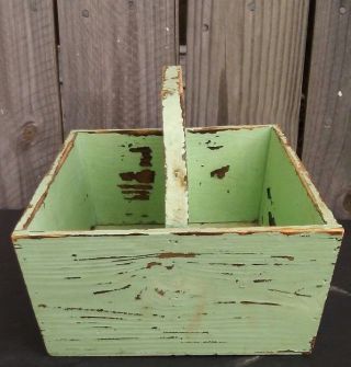 Wooden Primitive Tool Caddy Tray Farmhouse Green Tote Handled Utensil Garden Box 2