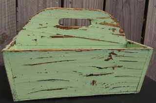 Wooden Primitive Tool Caddy Tray Farmhouse Green Tote Handled Utensil Garden Box 3