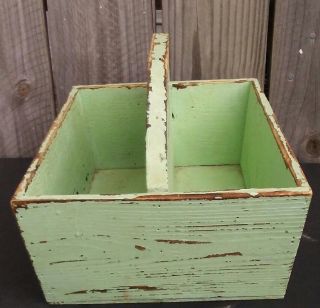 Wooden Primitive Tool Caddy Tray Farmhouse Green Tote Handled Utensil Garden Box 4