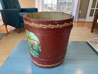 Antique Hand Painted Sap Bucket Primitive Wooden Rustic Maple Syrup Pail Signed 11