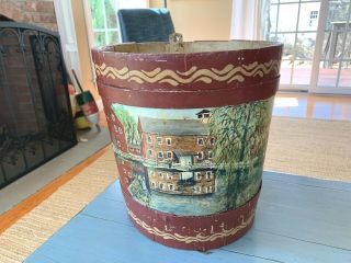 Antique Hand Painted Sap Bucket Primitive Wooden Rustic Maple Syrup Pail Signed