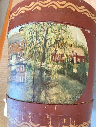 Antique Hand Painted Sap Bucket Primitive Wooden Rustic Maple Syrup Pail Signed 4