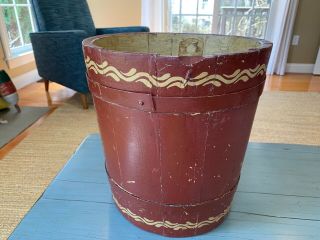 Antique Hand Painted Sap Bucket Primitive Wooden Rustic Maple Syrup Pail Signed 9