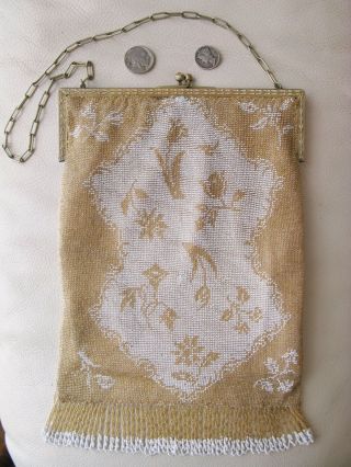 Antique Victorian Gold Frame Crochet Yellow White Micro Bead Fringe Purse