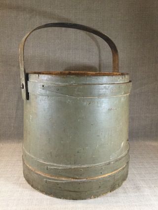 Big Real Antique Gray Green Paint Primitive Shaker Firkin Staved Bucket
