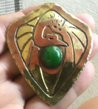 Forest Craft Guild Brass Arts And Crafts Pin With Jewel 2 5/8” By 2 1/8”
