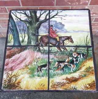 Mcm Table Stand 4 Tile Mosaic Hand Painted Equestrian Hunting Scene Horse Dog16 "