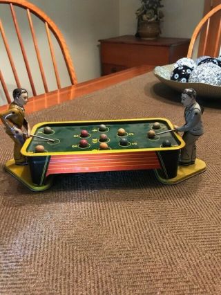 Antique Tin Toy Wind Up Pool Table W Players In Pre War