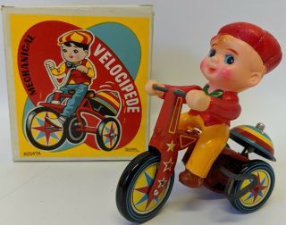 Vintage (ichimura,  Japan) Tin & Celluloid Wind - Up Velocipede Tricycle With Boy