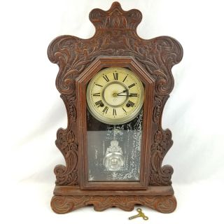 Vtg Ansonia Aspen Mantle Shelf Oak Clock Wind Up Key 8 Day 1/2 Hr Chime Antique