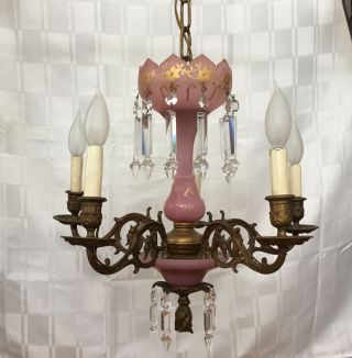 Antique French Victorian Bronze Lustre Lamp Chandelier Pink Opaline Crystal