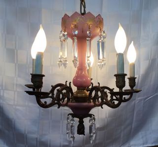 Antique French Victorian Bronze Lustre Lamp Chandelier Pink Opaline Crystal 2